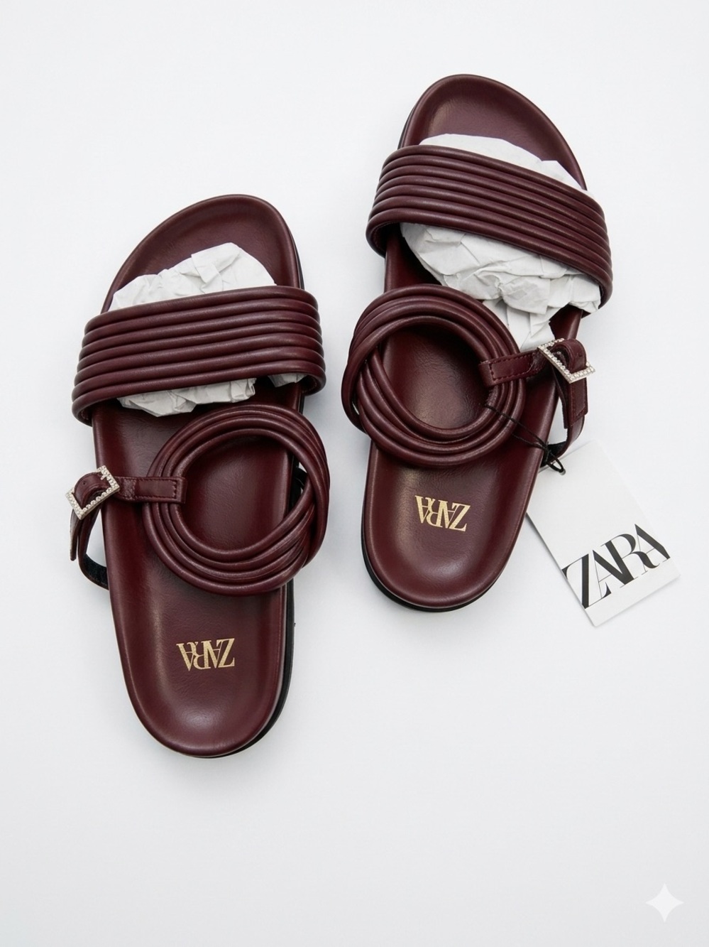 Zara Deep Burgundy Ribbed Strap Slide Sandals